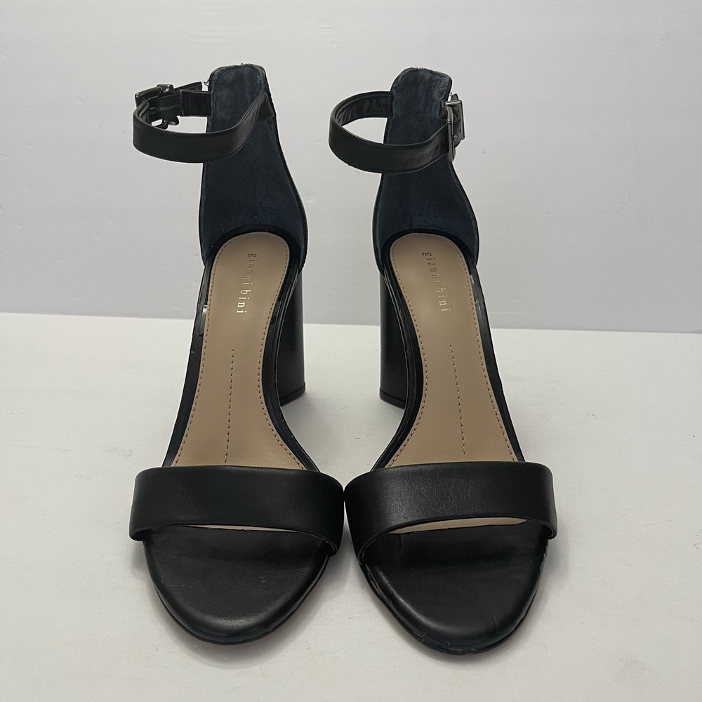 Gianni Bini‎ Joenah Black Leather Sandals Womens 8 Block Heel Ankle Strap - Picture 3 of 10